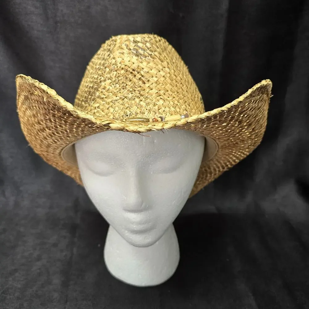 Bio Domes Headgear Tan Straw Wide Brim Cowboy Hat Beaded Country Decor One Size